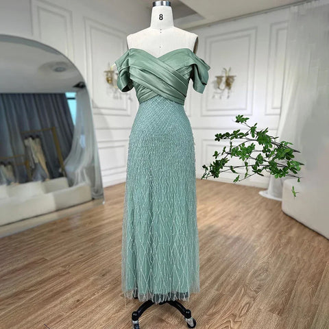 Robe de soirée élégante à épaules dénudées vert sauge pour femme, Dubaï, LA72125