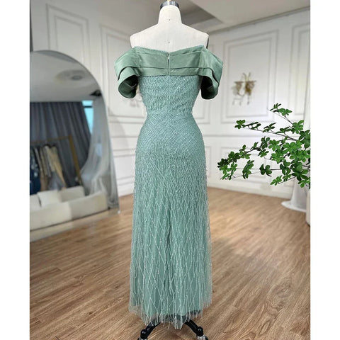Robe de soirée élégante à épaules dénudées vert sauge pour femme, Dubaï, LA72125