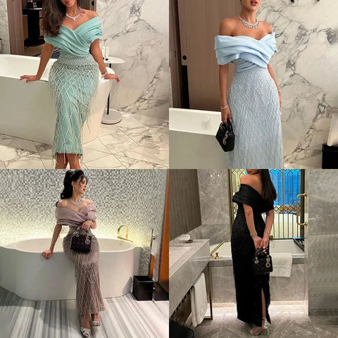 Robe de soirée élégante à épaules dénudées vert sauge pour femme, Dubaï, LA72125