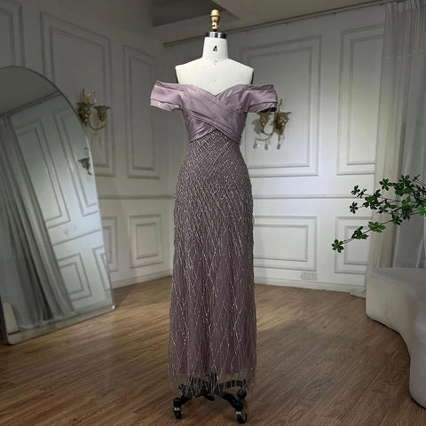 Robe de soirée élégante à épaules dénudées vert sauge pour femme, Dubaï, LA72125