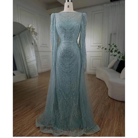 Vestidos de noche árabes de sirena con mangas de capa turquesa y cuentas de lujo para mujer, para fiesta de bodas 2025 LA72185 