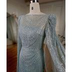 Turquoise Cape Sleeves Luxury Beaded Mermaid Arabic Evening Dresses Gowns For Women Wedding Party 2025 LA72185
