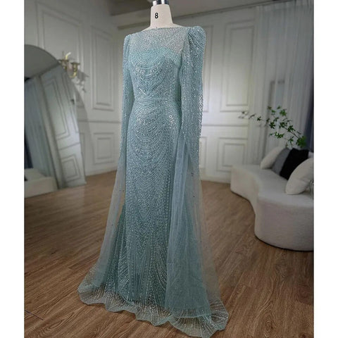 Vestidos de noche árabes de sirena con mangas de capa turquesa y cuentas de lujo para mujer, para fiesta de bodas 2025 LA72185 
