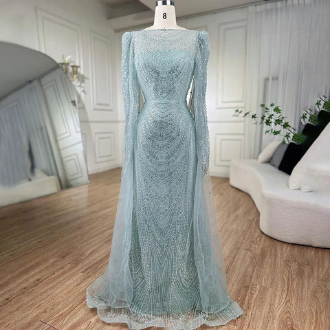 Vestidos de noche árabes de sirena con mangas de capa turquesa y cuentas de lujo para mujer, para fiesta de bodas 2025 LA72185 