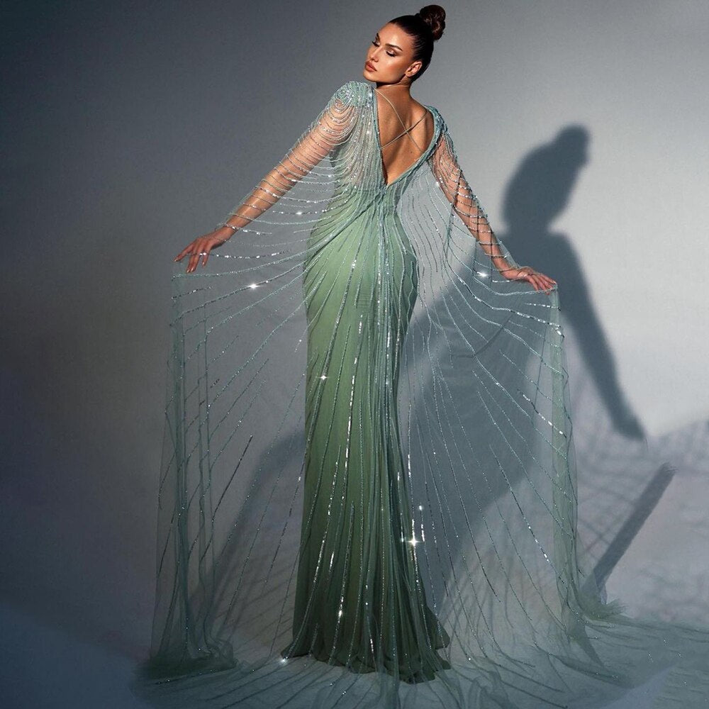 Turquoise Cape Sleeves Luxury Beaded Mermaid High Split Evening Dresses For Women Wedding Party Gowns 2025  LA72089