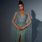 Turquoise Cape Sleeves Luxury Beaded Mermaid High Split Evening Dresses For Women Wedding Party Gowns 2025  LA72089