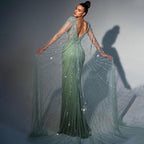 Turquoise Cape Sleeves Luxury Beaded Mermaid High Split Evening Dresses For Women Wedding Party Gowns 2025  LA72089