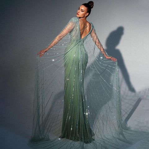 Vestidos de noche de sirena con abertura alta y mangas estilo capa turquesa de lujo con cuentas para mujer, vestidos de fiesta de boda 2025 LA72089