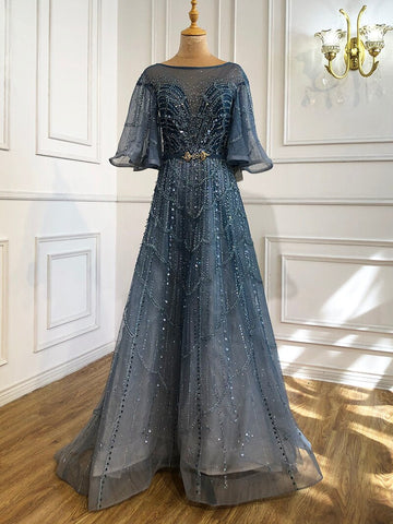 Vestidos de noche turquesa con mangas largas acampanadas, corte A, de lujo, con cuentas, para mujer, fiesta, LA70822 