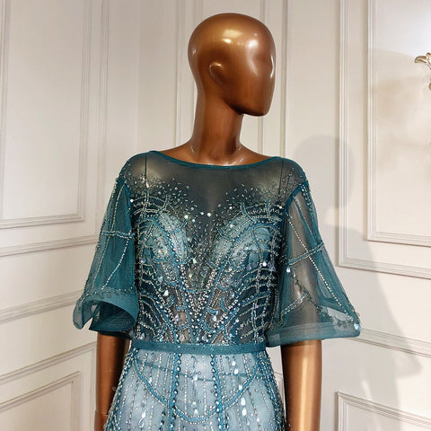 Vestidos de noche turquesa con mangas largas acampanadas, corte A, de lujo, con cuentas, para mujer, fiesta, LA70822 