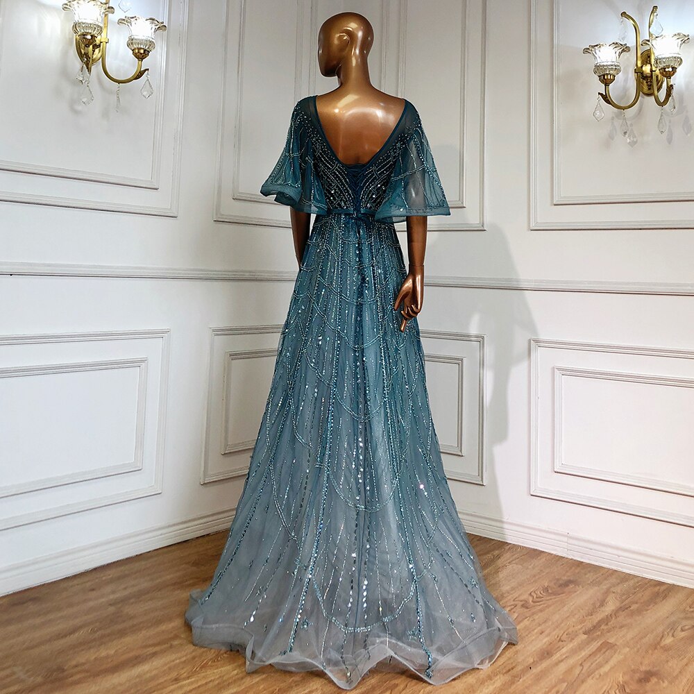 Turquoise Long Flare Sleeves Evening Dresses Gowns 2025 A-Line Luxury Beaded For Women Party LA70822