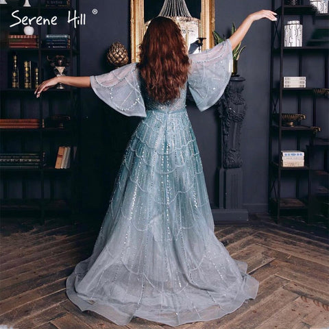 Vestidos de noche turquesa con mangas largas acampanadas, corte A, de lujo, con cuentas, para mujer, fiesta, LA70822 