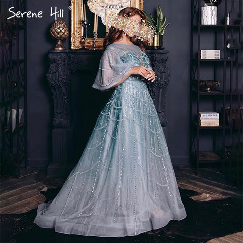 Vestidos de noche turquesa con mangas largas acampanadas, corte A, de lujo, con cuentas, para mujer, fiesta, LA70822 