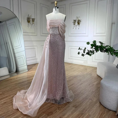 Vestido de noche turquesa de lujo con cola lateral y perlas, un hombro, para mujer, para fiesta formal de boda, LA72523 