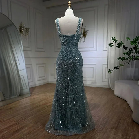 Vestido de noche de sirena turquesa con cuentas y perlas, largo hasta el suelo, LA72032C (2025) 