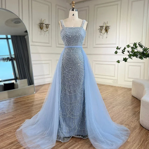 Vestido de noche de sirena turquesa con cuentas y perlas, largo hasta el suelo, LA72032C (2025) 