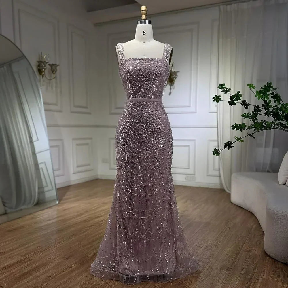 Turquoise Mermaid Beaded Pearls Spaghetti Straps and Floor Length Evening Gown Party Dress for Women 2025 LA72032C