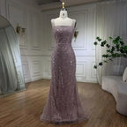 Turquoise Mermaid Beaded Pearls Spaghetti Straps and Floor Length Evening Gown Party Dress for Women 2025 LA72032C