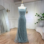 Turquoise Mermaid Beaded Pearls Spaghetti Straps and Floor Length Evening Gown Party Dress for Women 2025 LA72032C