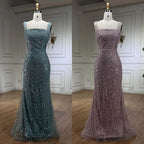 Turquoise Mermaid Beaded Pearls Spaghetti Straps and Floor Length Evening Gown Party Dress for Women 2025 LA72032C