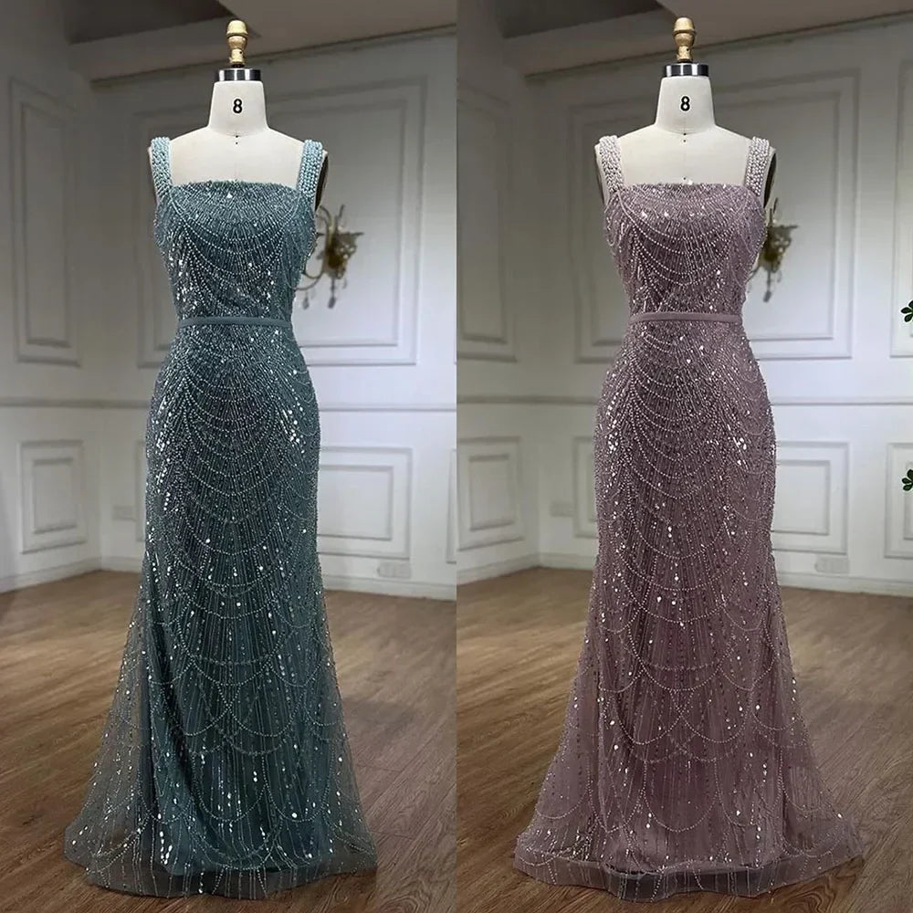 Turquoise Mermaid Beaded Pearls Spaghetti Straps and Floor Length Evening Gown Party Dress for Women 2025 LA72032C
