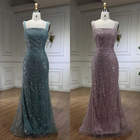Vestido de noche de sirena turquesa con cuentas y perlas, largo hasta el suelo, LA72032C (2025) 