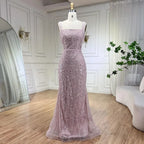 Turquoise Mermaid Beaded Pearls Spaghetti Straps and Floor Length Evening Gown Party Dress for Women 2025 LA72032C