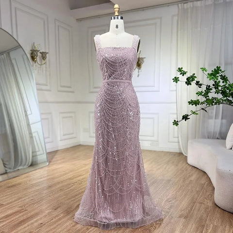 Vestido de noche de sirena turquesa con cuentas y perlas, largo hasta el suelo, LA72032C (2025) 