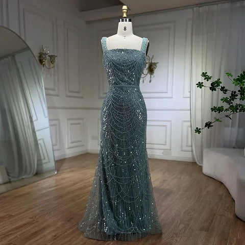 Vestido de noche de sirena turquesa con cuentas y perlas, largo hasta el suelo, LA72032C (2025) 