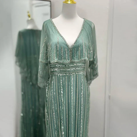 Elegante vestido de noche estilo sirena turquesa con capa larga y cuentas de lujo estilo Dubái para mujer, ideal para bodas y fiestas 2025 LA72258 