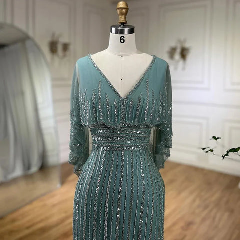 Elegante vestido de noche estilo sirena turquesa con capa larga y cuentas de lujo estilo Dubái para mujer, ideal para bodas y fiestas 2025 LA72258 