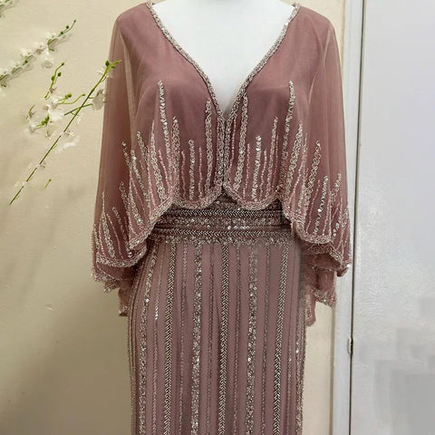 Elegante vestido de noche estilo sirena turquesa con capa larga y cuentas de lujo estilo Dubái para mujer, ideal para bodas y fiestas 2025 LA72258 