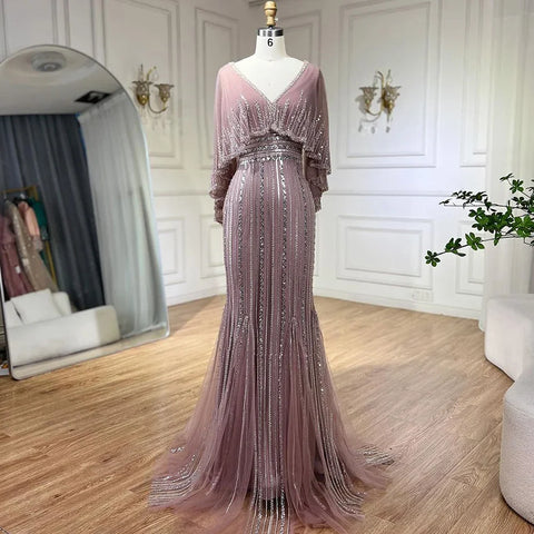 Elegante vestido de noche estilo sirena turquesa con capa larga y cuentas de lujo estilo Dubái para mujer, ideal para bodas y fiestas 2025 LA72258 