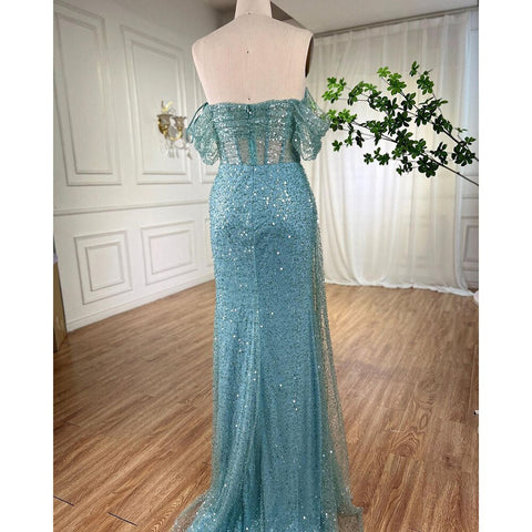 Elegante vestido de noche con sobrefalda de sirena turquesa, con cuentas, para mujer, para fiesta de boda, LA71945 