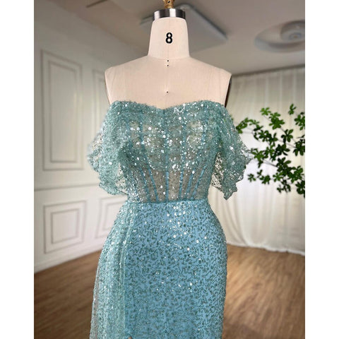 Elegante vestido de noche con sobrefalda de sirena turquesa, con cuentas, para mujer, para fiesta de boda, LA71945 