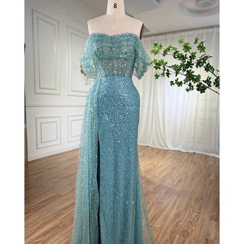 Elegante vestido de noche con sobrefalda de sirena turquesa, con cuentas, para mujer, para fiesta de boda, LA71945 