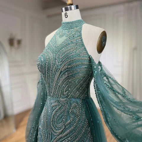 Elegante vestido de noche de sirena turquesa con sobrefalda y cuentas de lujo para mujer, ideal para bodas y fiestas 2025 LA72298 