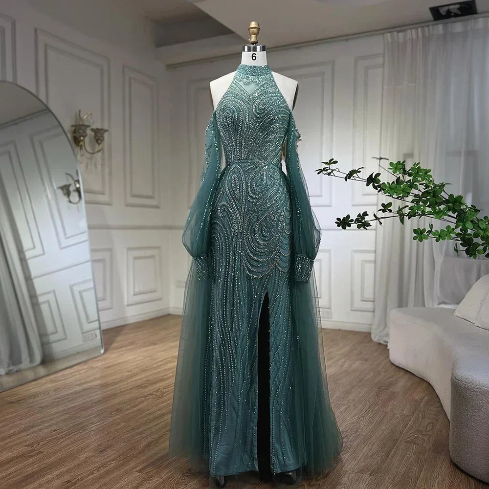 Turquoise Mermaid Elegant With Overskirt Luxury Beaded Evening Dresses Gowns For Women Wedding Party 2025 LA72298