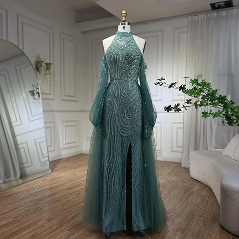 Elegante vestido de noche de sirena turquesa con sobrefalda y cuentas de lujo para mujer, ideal para bodas y fiestas 2025 LA72298 