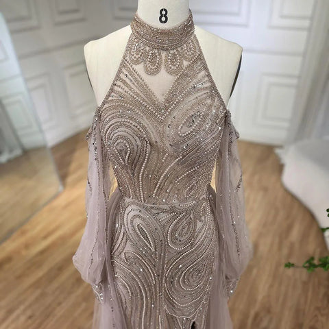 Elegante vestido de noche de sirena turquesa con sobrefalda y cuentas de lujo para mujer, ideal para bodas y fiestas 2025 LA72298 