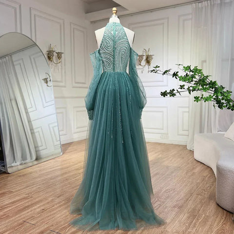 Elegante vestido de noche de sirena turquesa con sobrefalda y cuentas de lujo para mujer, ideal para bodas y fiestas 2025 LA72298 