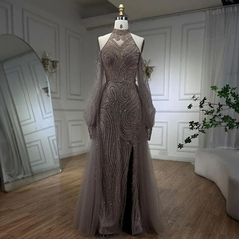 Elegante vestido de noche de sirena turquesa con sobrefalda y cuentas de lujo para mujer, ideal para bodas y fiestas 2025 LA72298 