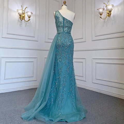 Elegante vestido de noche de sirena turquesa con falda sexy y abertura alta, de lujo, con cuentas de cristal, 2025, para mujer LA71582A 