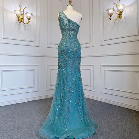 Elegante vestido de noche de sirena turquesa con falda sexy y abertura alta, de lujo, con cuentas de cristal, 2025, para mujer LA71582A 