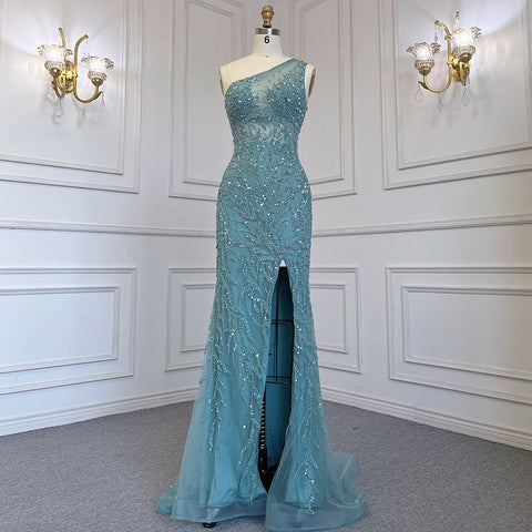 Elegante vestido de noche de sirena turquesa con falda sexy y abertura alta, de lujo, con cuentas de cristal, 2025, para mujer LA71582A 