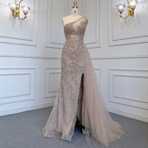 Elegante vestido de noche de sirena turquesa con falda sexy y abertura alta, de lujo, con cuentas de cristal, 2025, para mujer LA71582A 