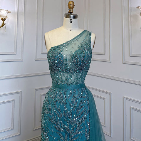 Elegante vestido de noche de sirena turquesa con falda sexy y abertura alta, de lujo, con cuentas de cristal, 2025, para mujer LA71582A 