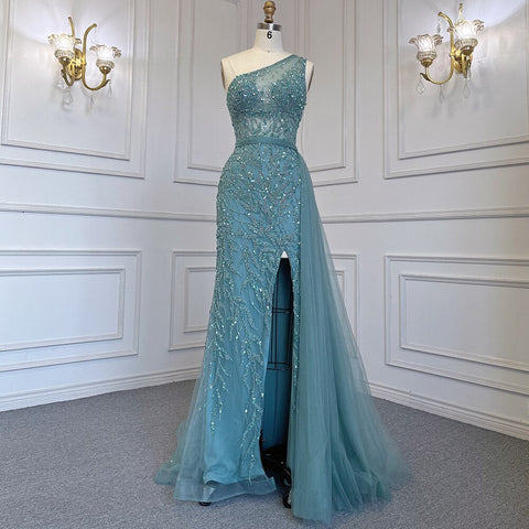 Elegante vestido de noche de sirena turquesa con falda sexy y abertura alta, de lujo, con cuentas de cristal, 2025, para mujer LA71582A 