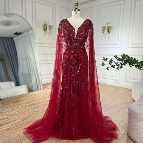 Vestido de noche sirena turquesa con cuentas y capa LA72168A