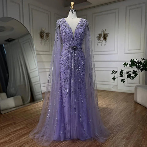 Vestido de noche sirena turquesa con cuentas y capa LA72168A